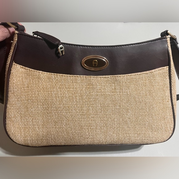 Etienne Aigner Oxblood Leather and Tan Woven Shoulder Bag - Picture 1 of 13
